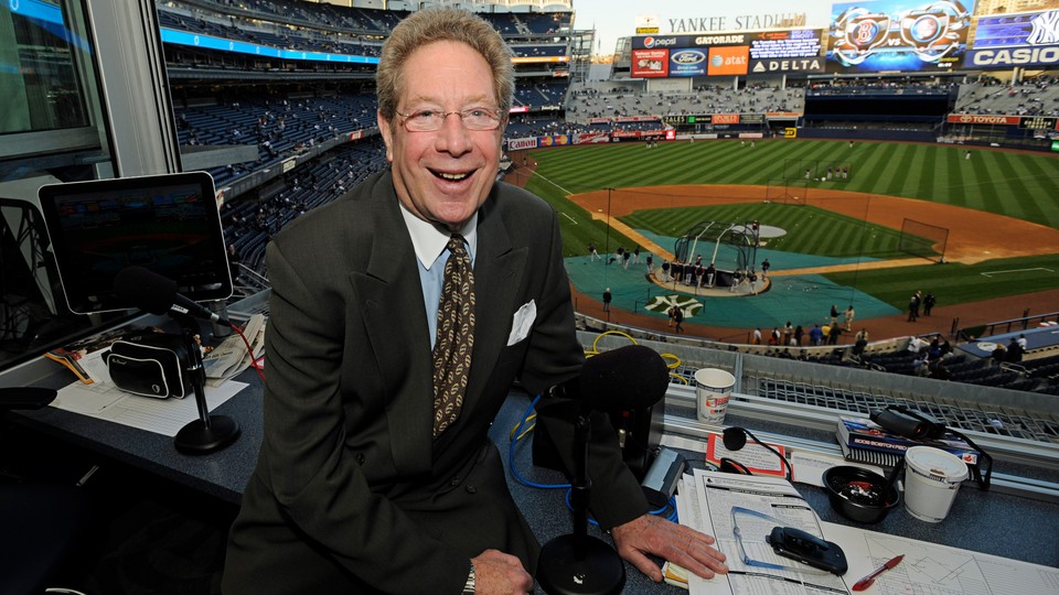 New York Yankees broadcaster John Sterling in his booth before game against the Boston Red Sox in 2009