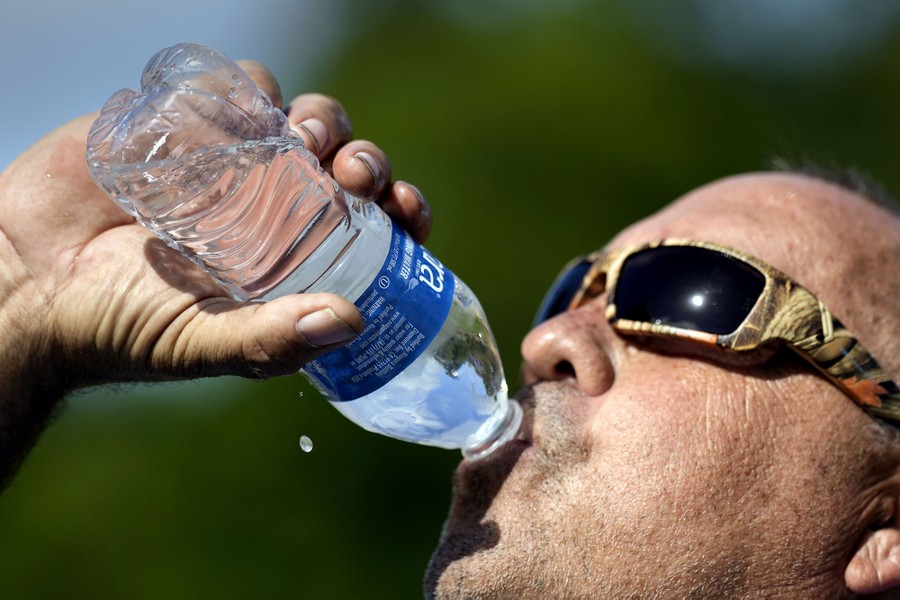 A person drinks water from a plastic water bottle outside on a hot day.