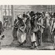 A pencil illustration of people lining up outside a Freedmen's Bureau.