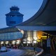 An air-traffic-control tower at LaGuardia airport, at night