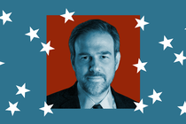 Photo of guest Bret Stephens against a blue background and falling white stars