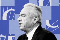 A black-and-white profile portrait cut-out of Robert F. Kennedy Jr. wearing a suit, over a background of tiles with snippets of the CDC logo alternating with plain blue tiles.