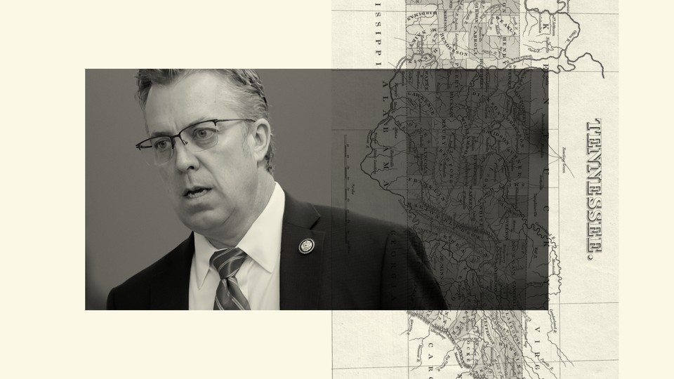 Illustration with a black-and-white photograph of Andy Ogles overlayed in front of a beige, old map of Tennessee that has been rotated 90 degrees