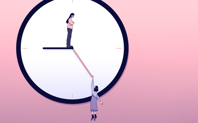 An illustration of a woman standing at the center of a clock, peering down at another woman hanging onto the second hand of the clock.