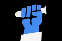 a blue fist held up as if in protest, clutching a test tube