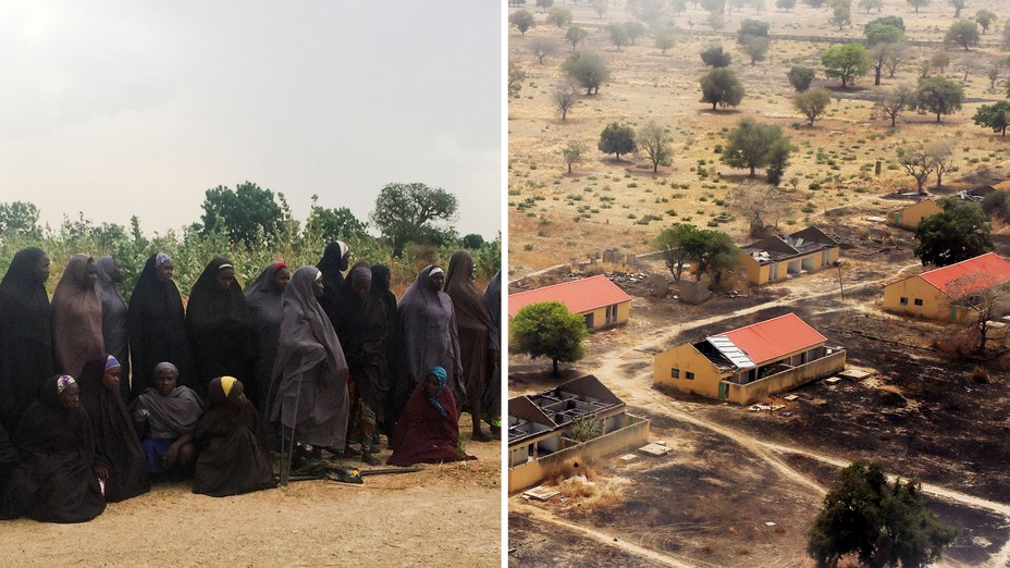 A diptych featuring a group of the Chibok girls alongside an aerial view of their burnt-out classrooms.