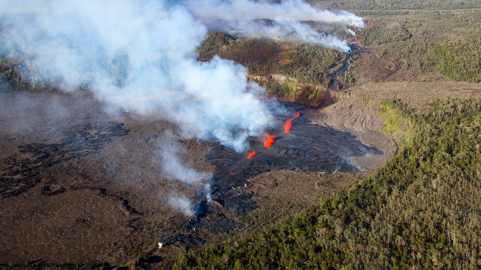 A fissure in a wooded area of Hawaii leaking bright-orange lava