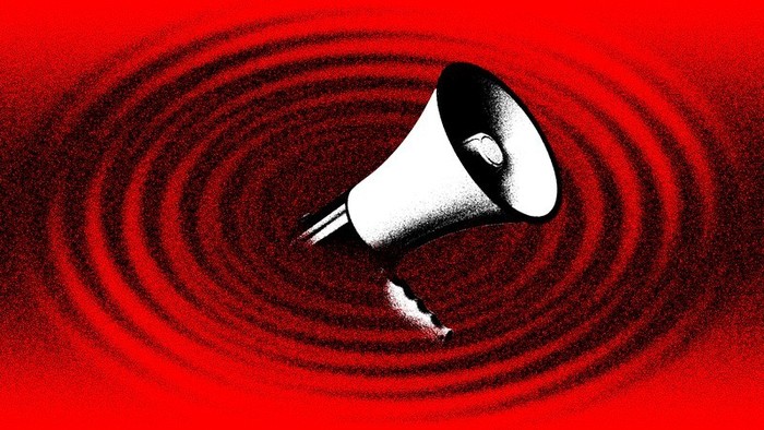 a warning siren drowns in a body of water washed red