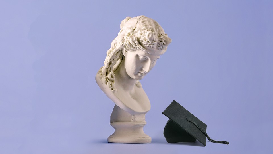 photo illustration of a bust and a graduation cap