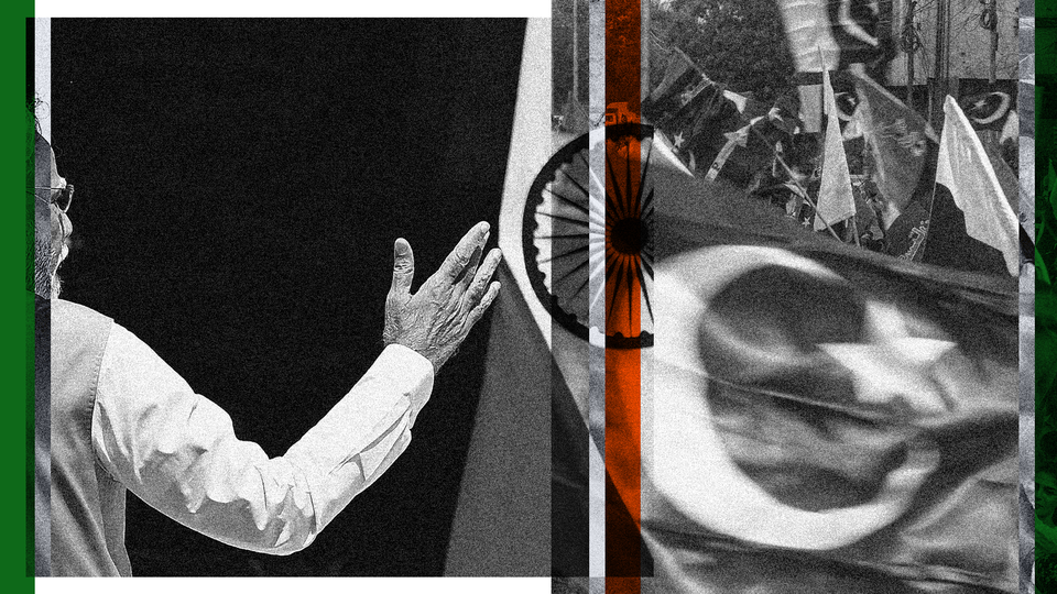An illustration that includes photos of the Indian flag, the Pakistani flag, and Prime Minister Narendra Modi.