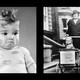 An old photo of a baby covered in lipstick kisses, and one of a baby in a stroller with a 'Please Don't Kiss Me' sign