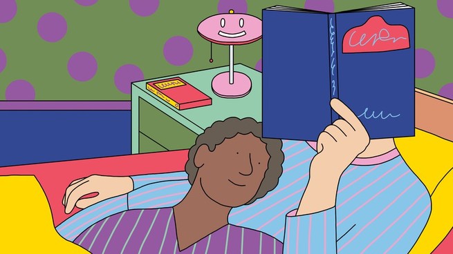 Illustration of two people reading a book together in bed