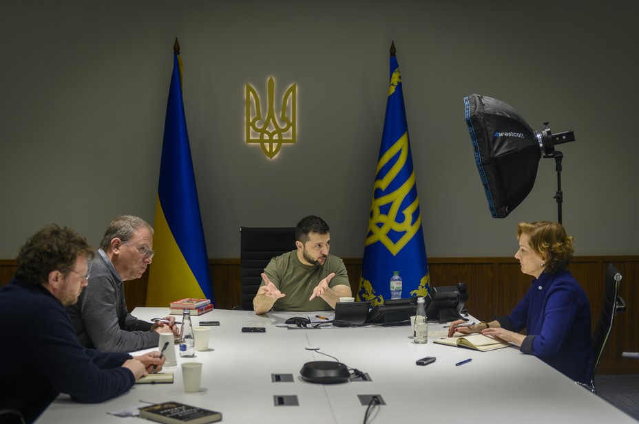 Ukrainian President Volodymyr Zelensky sits down for an interview with Jeff Goldberg and Anne Applebaum. Kyiv, Ukraine Tuesday, April 12, 2022 