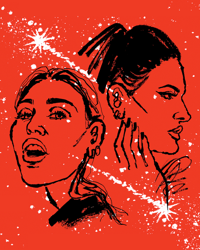 Illustration with black sketch of Miley Cyrus singing and Lana Del Rey in profile with white spatters on red background