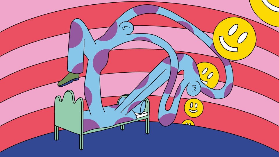 An illustration of a person leaping happily out of bed in the morning.