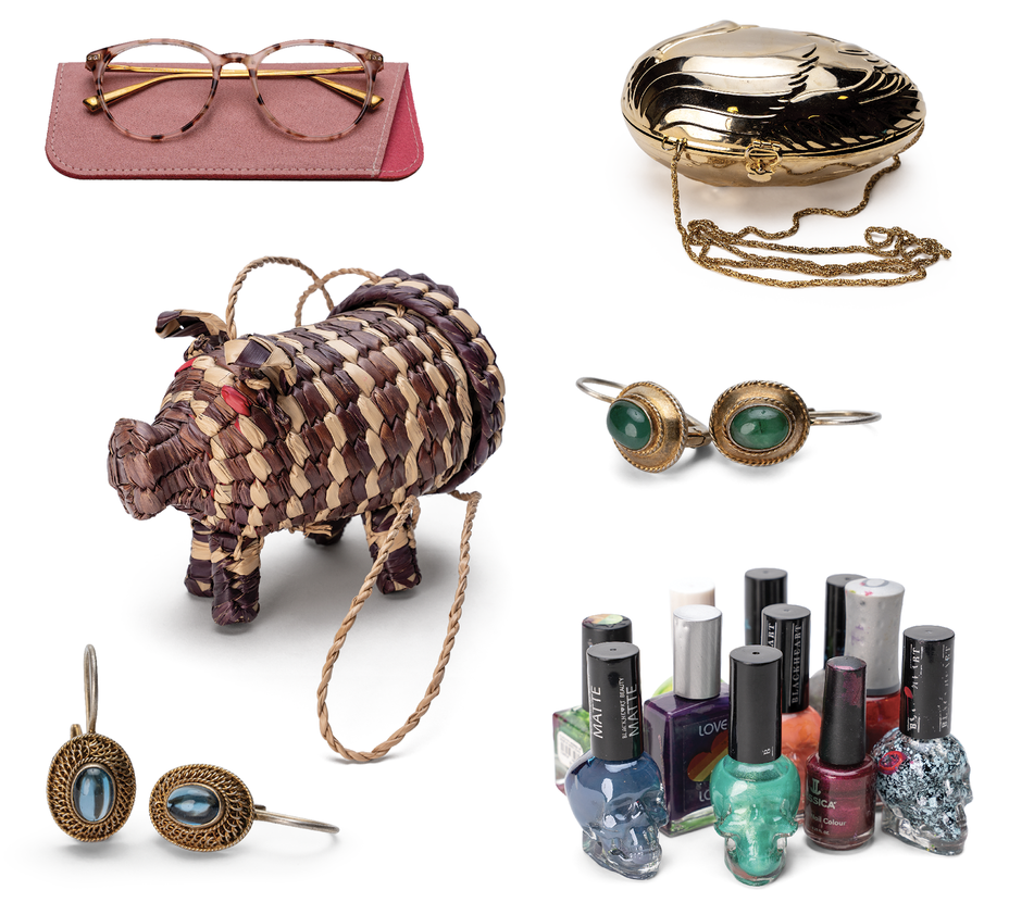 photos of glasses on pink case, golden clutch purse, earrings with blue stones, 10 various bottles of nail polish, earrings with stones, straw purse in shape of pig