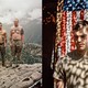 2 photos: 3 shirtless soldiers in camo pants standing on roof of Outpost Restrepo with hills and sky behind; soldier looking down in front of American flag with shadow pattern over both