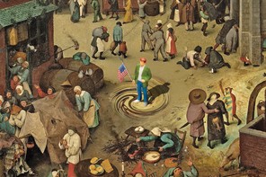 illustration based on painting of busy medieval village with person in modern dress in center of swirl in the middle, carrying a U.S. flag