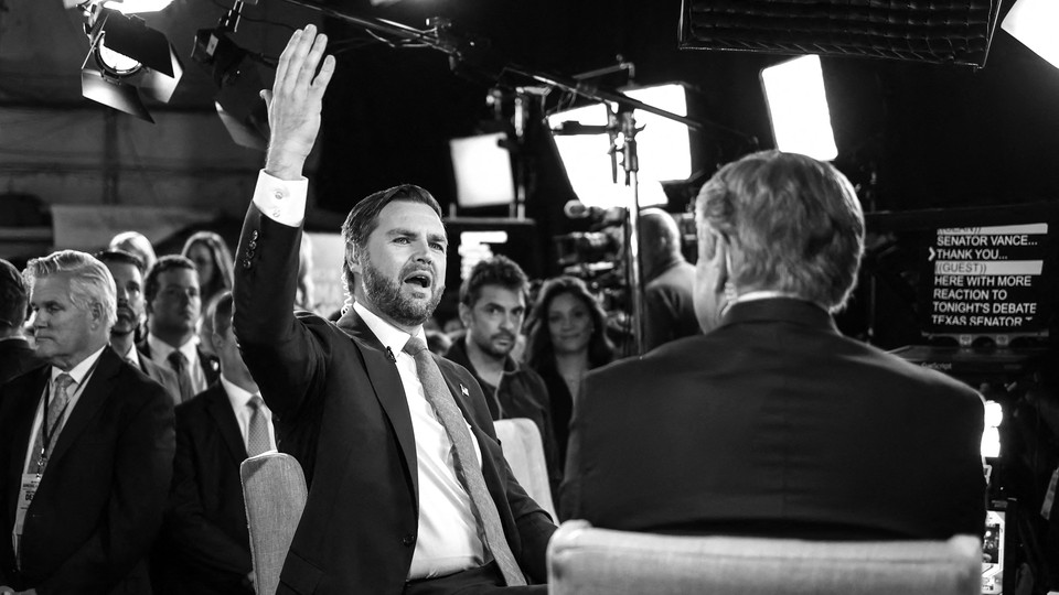 Black-and-white photograph of J. D. Vance in a newsroom set