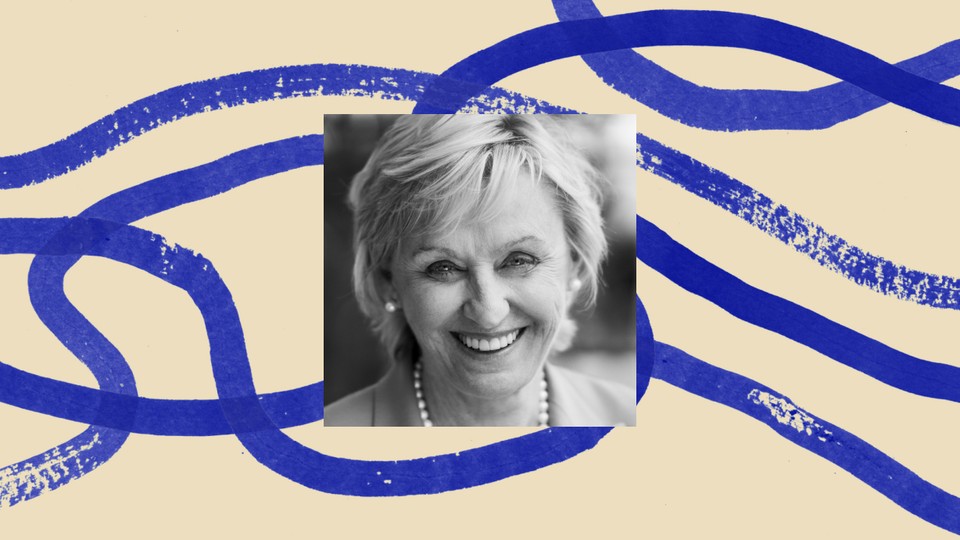 A black-and-white photo of Tina Brown, bordered by a decorative illustration