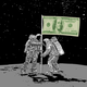 An illustration of two astronauts on the moon. They are holding a flag with a 100 dollar bill on it.