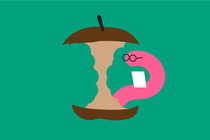 illustration of a worm with glasses taking notes as it inspects a rotten apple