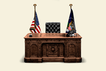 A photo-illustration of the presidential desk isolated on a tan background