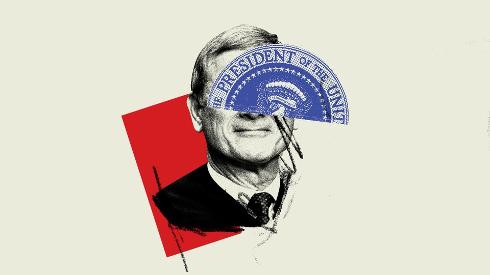 Justice Roberts's face covered by half of the presidential seal