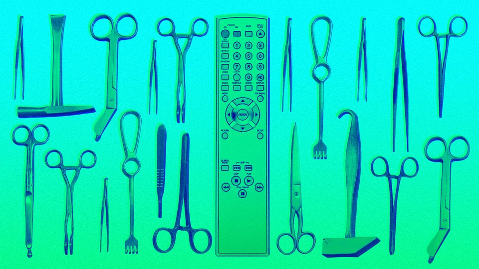Collage of surgical instruments and a TV remote on a blue-green gradient