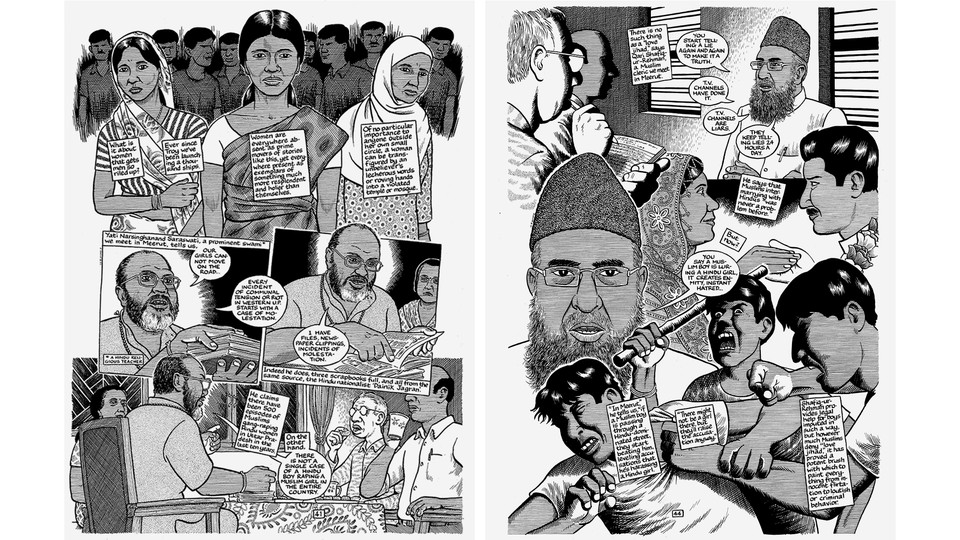 Black-and-white drawings of social unrest and fear from Joe Sacco's new graphic novel