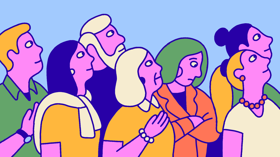 A group of people looking skyward in prayer while one woman, arms crossed, looks down