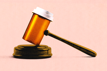 An illustration showing a judge's gavel whose head is a pill bottle