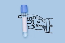 Illustration of a hand gripping a vial, stamped with "returned to sender"