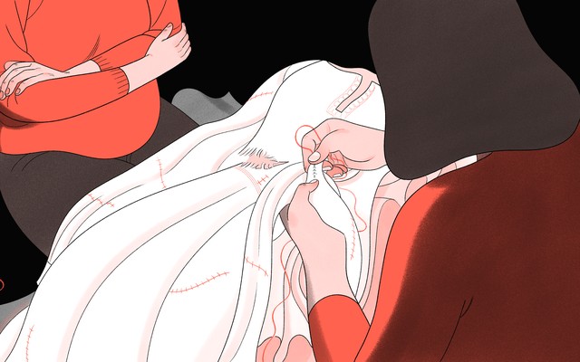 An illustration of a woman mending a dress