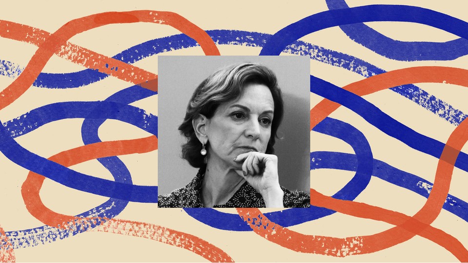 A black-and-white headshot of Anne Applebaum bordered by an orange-and-blue illustration