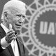 A photo of Joe Biden in front of a UAW sign