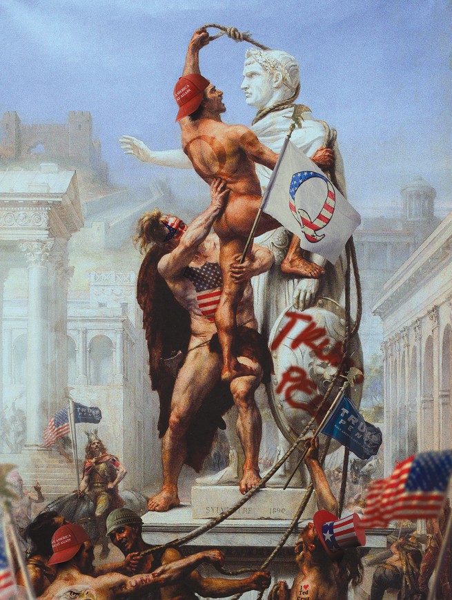 Illustration of Joseph-Noël Sylvestre's painting ‘The Sack of Rome in 410 by the Vandals’ with Trump and Q paraphernalia