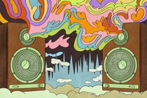 An illustration showing colorful sound waves emanating from stereo speakers.