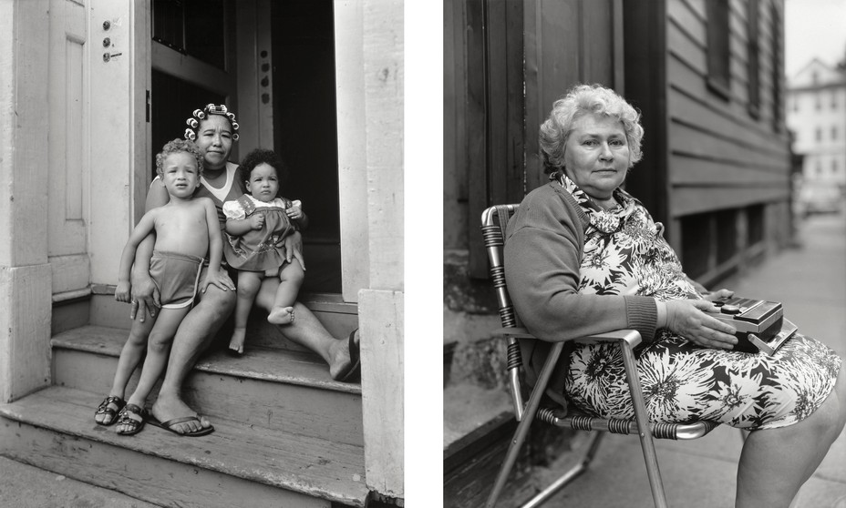 2 black-and-white photos: woman with hair in curlers sits on porch steps with toddler and baby; woman in floral dress and cardigan sitting in lawn chair on sidewalk 