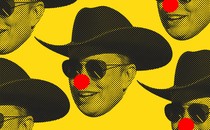 Black-and-yellow graphic of Elon Musk's face in a repeating pattern, with red clown noses added