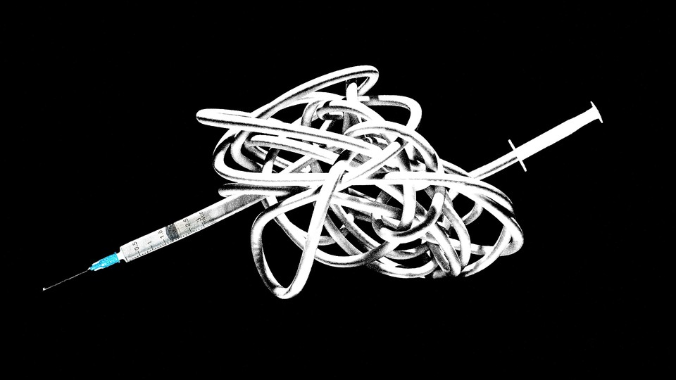 Illustration of a syringe that has been tangled into a knot