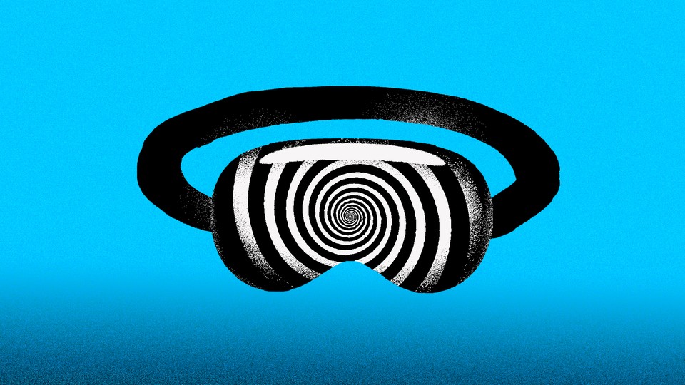 A graphic illustration of a headset with a black-and-white spiral illusion in the goggles over a bright-blue background