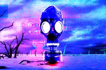 An illustration of a gas mask with an apocalyptic background