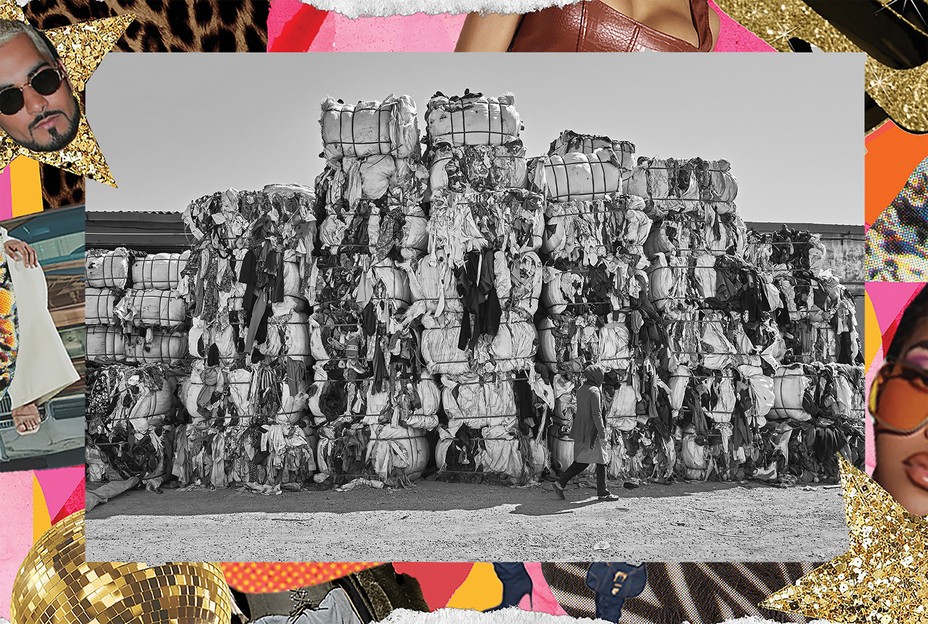 black/white photo of bales of used clothing near Tunis with photo-illustration frame by Barbara Rego
