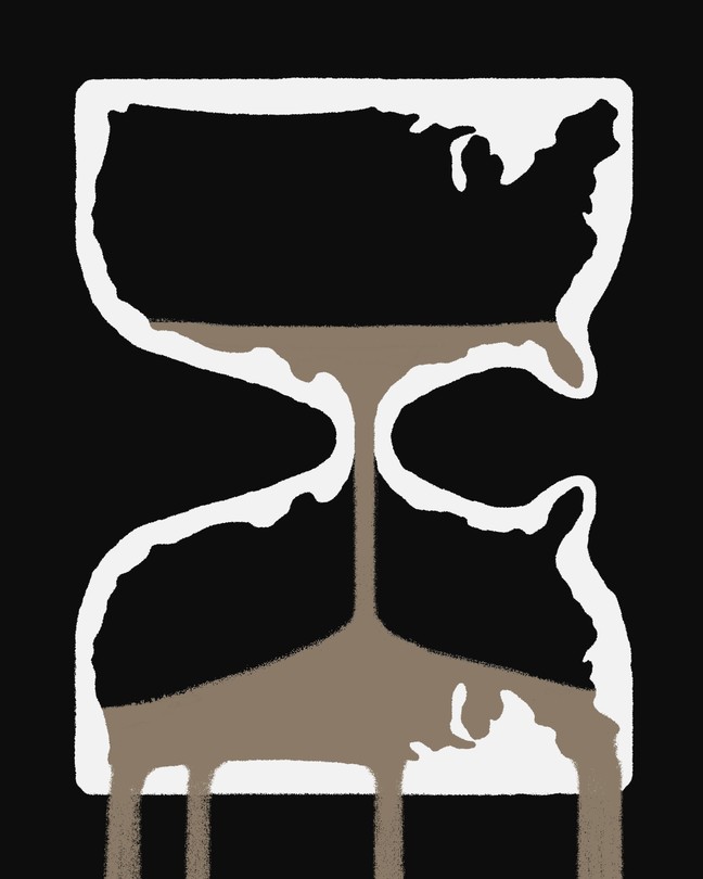 Hourglass shaped like the United States with sand pouring out of the bottom