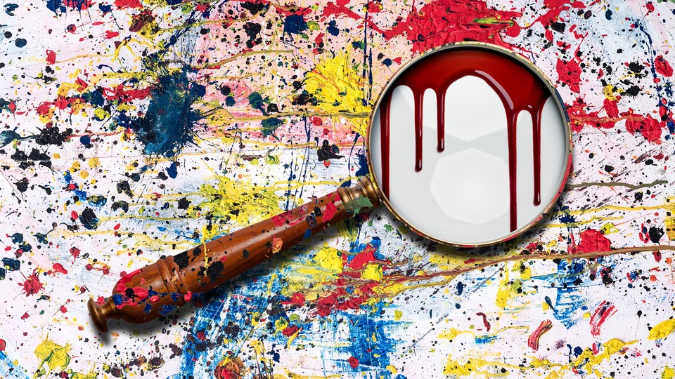 A bloody magnifying glass on top of a paint-splattered background
