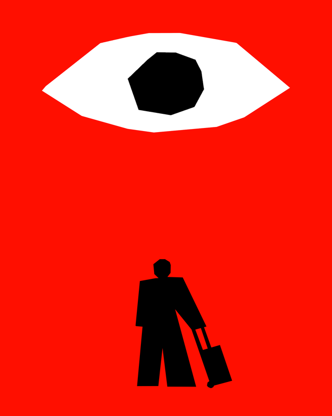 A human figure with luggage faces a giant eye.