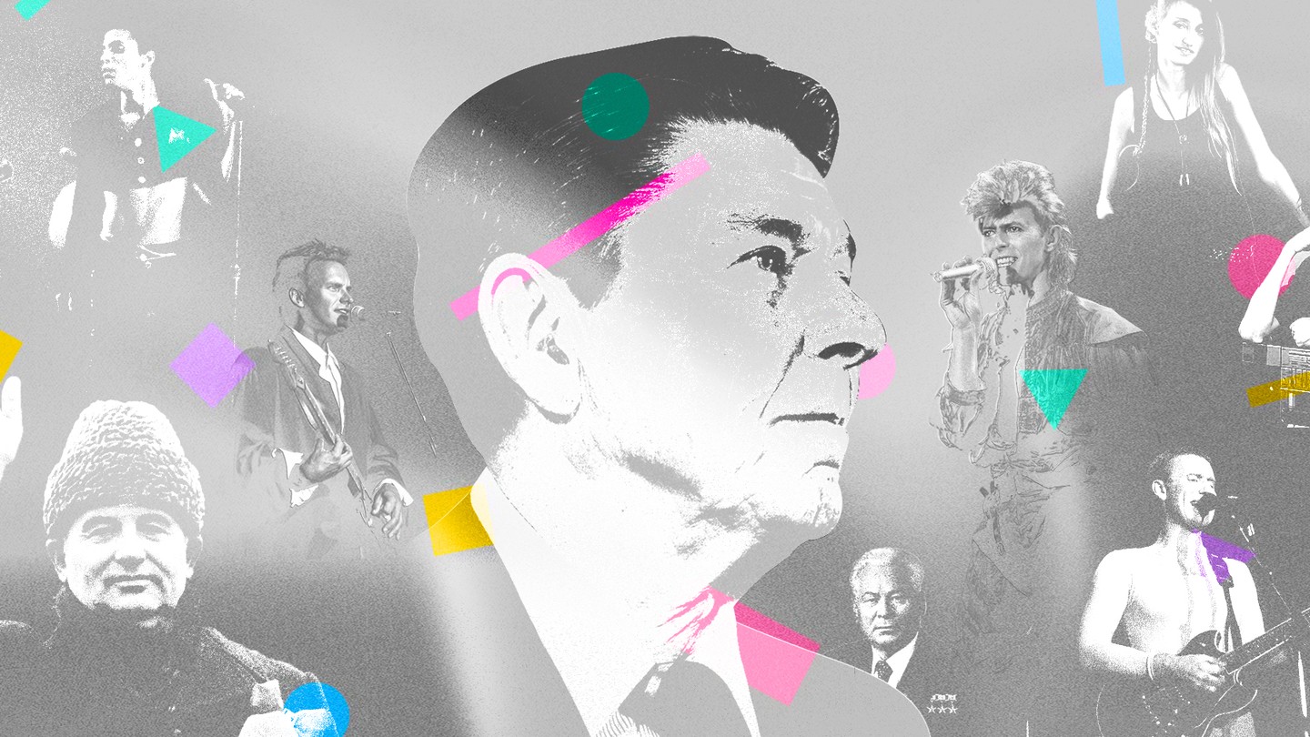 Illustration of Ronald Reagan and '80s musicians