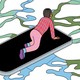 Illustration of a person flying on a smartphone like it is a magic carpet, through clouds, toward a smiley face in the distance