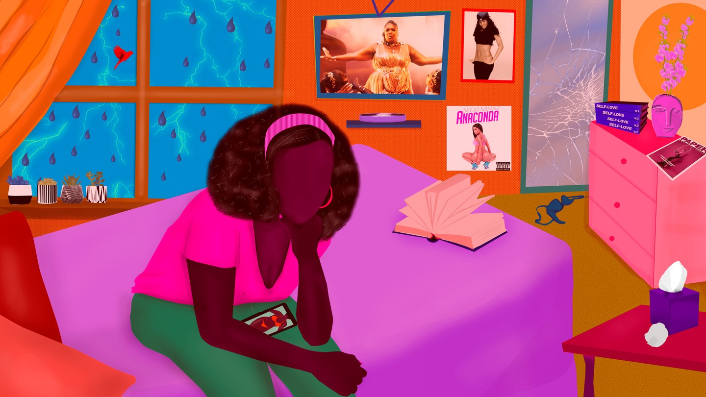 an illustration of a Black woman sitting on a bed with posters of Cardi B and Lizzo behind her